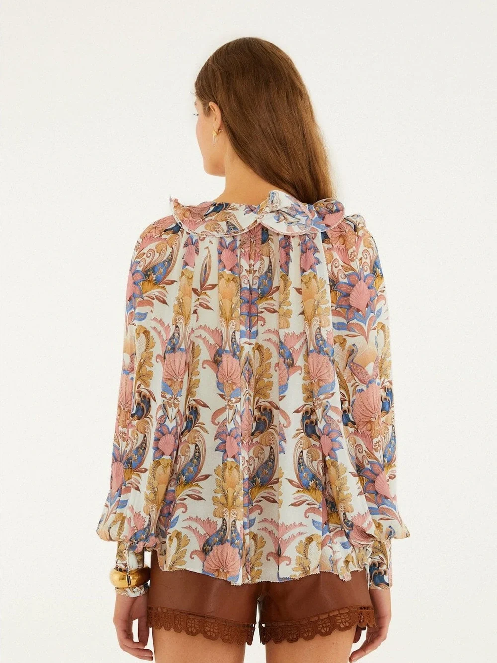 Farm Rio Off-White Sea Garden Ruffled Long Sleeve Blouse M